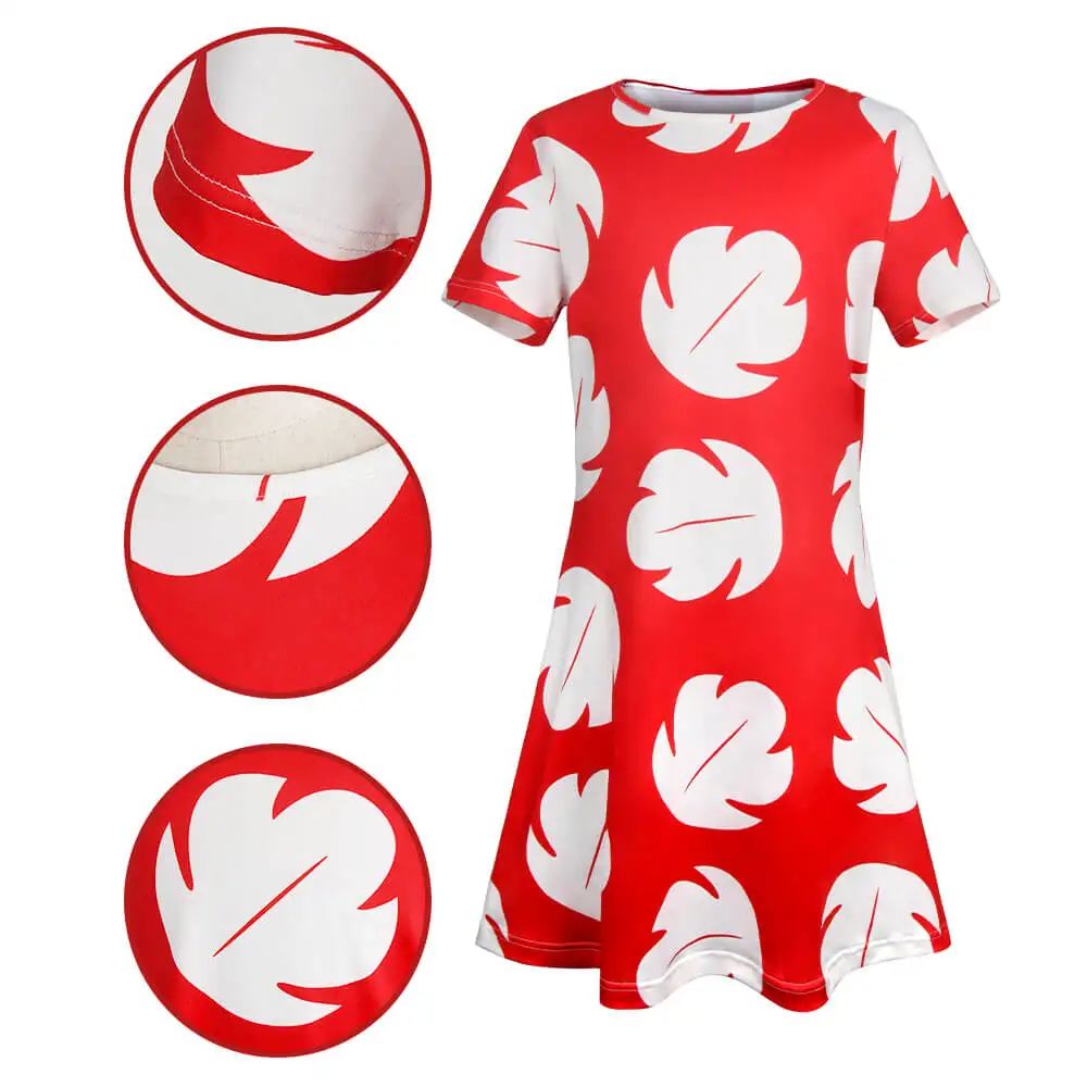 Lilo Dress for Kids Girls Long Red Dress Leaf Printed Summer Costume Halloween Cosplay Outfits