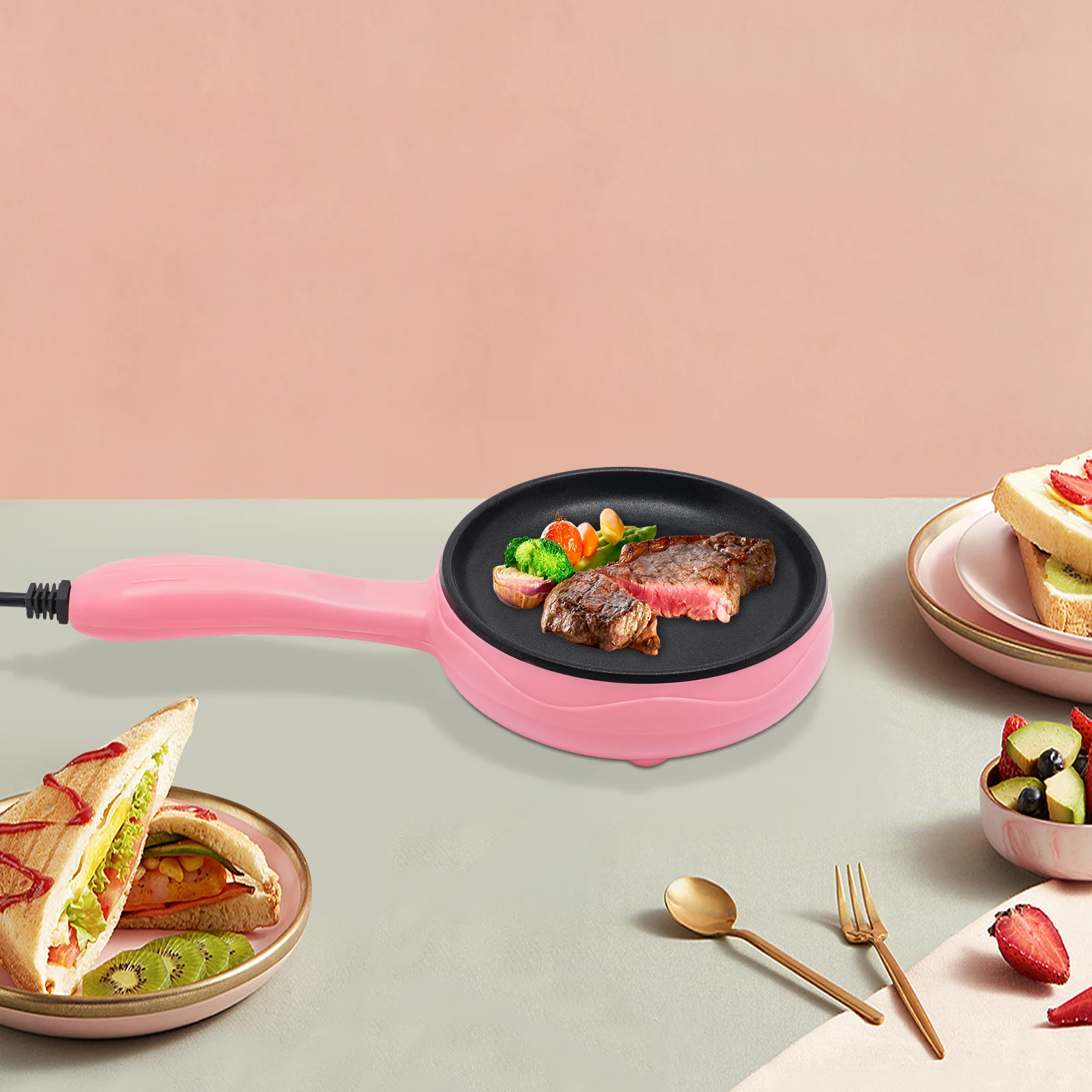 Nonstick Electric Skillet Fry Pan,Pink Mini Frying Pan, 180°C/356°F for Frying Eggs, Dumplings, Bacon, Sausage