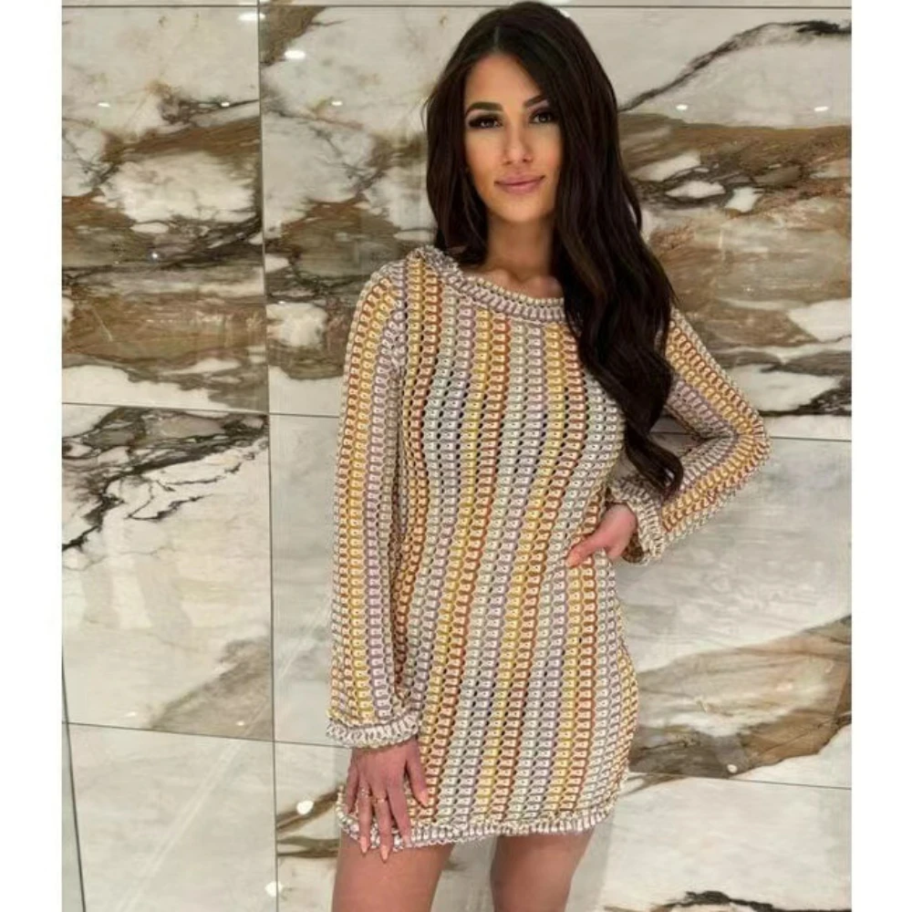 Backless Knitted Beach Dress Women Fashion Hollow Out Mini Boho Dress Summer Elegant Colorful Long Sleeve Bikini Cover Up 2024