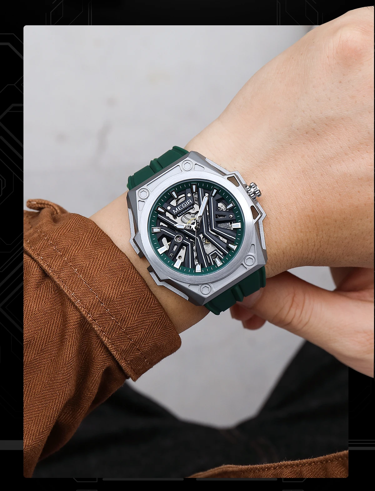MEGIR 8603 Military Sports Automatical Watch White Silicone Strap Waterproof Luminous Skeleton Dial Mechanical Wristwatch