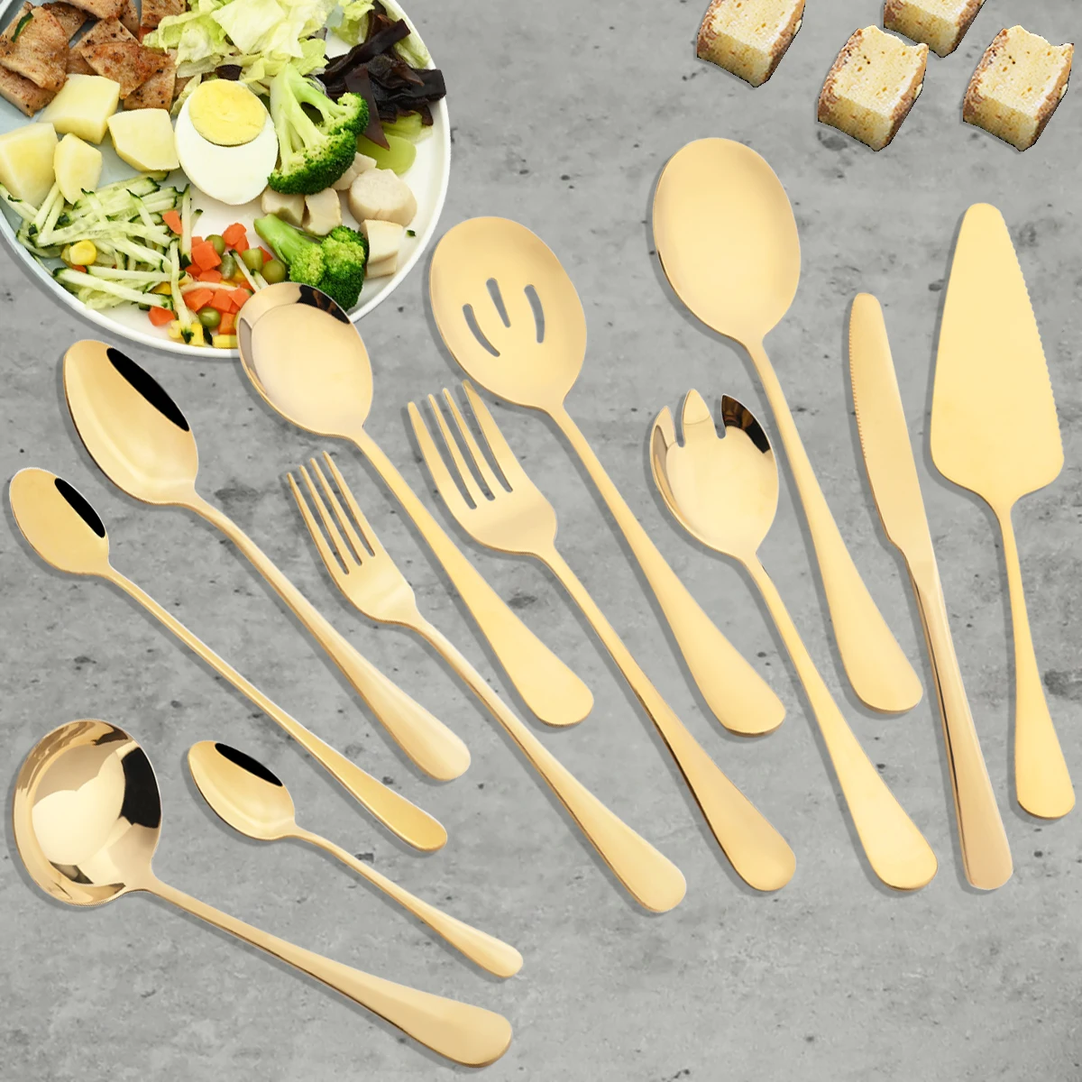 8Pcs Gold Stainless Steel Dinnerware Set Butter Knife Cake Spatula Cutlery Service Soup Spoon Colander Spoon Salad Fork Flatware