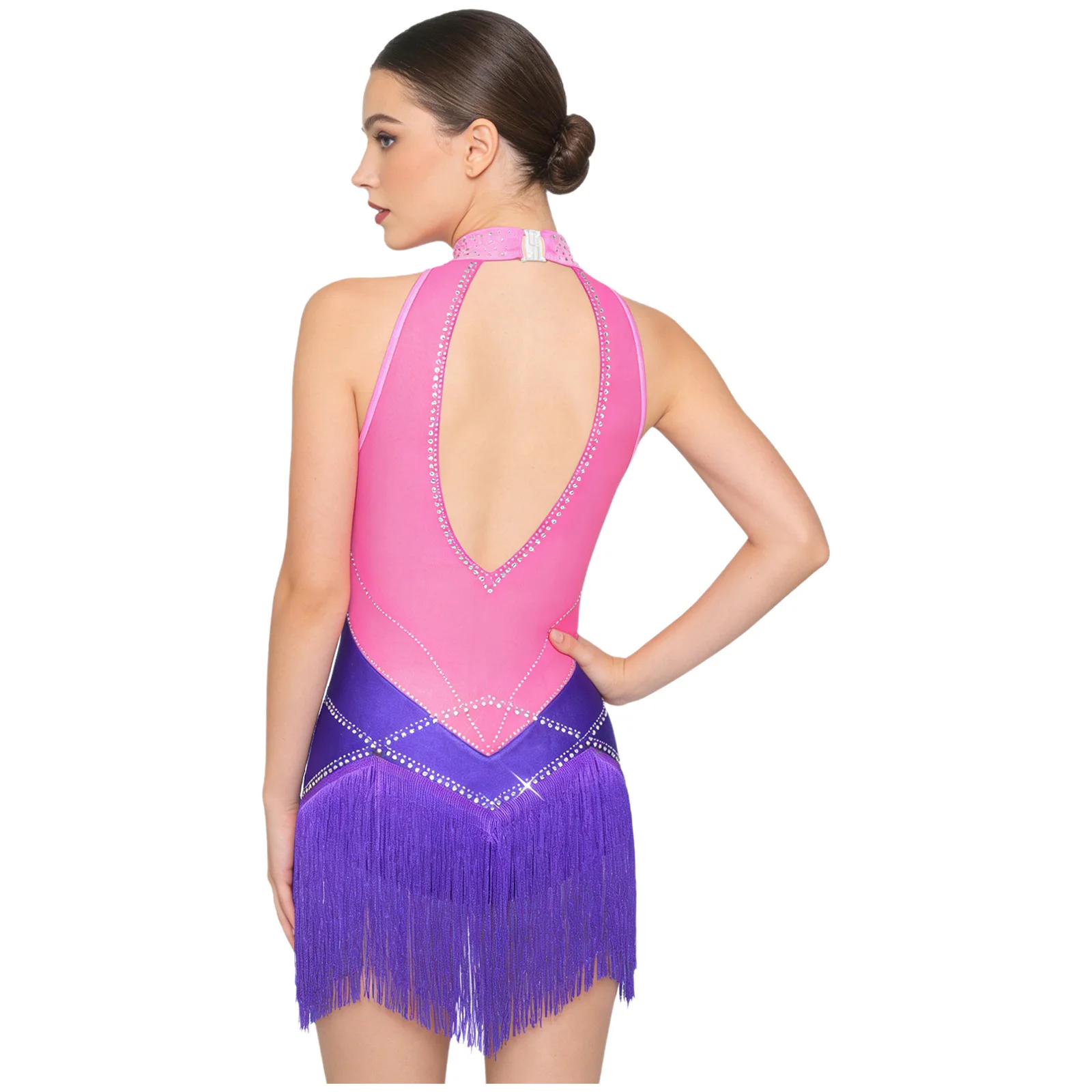 

Women Halter Cha-Cha Tango Rumba Salsa Tassel Jumpsuit Shiny Rhinestones Latin Dance Leotard Dress Color Block Fringed Bodysuit