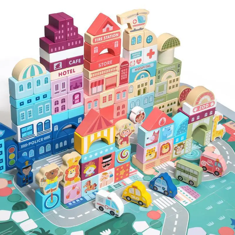 120Pcs Wooden City Traffic Scenes Building Blocks Game For Kids Early Educational Colour Geometric Shape Assembled Children Toys