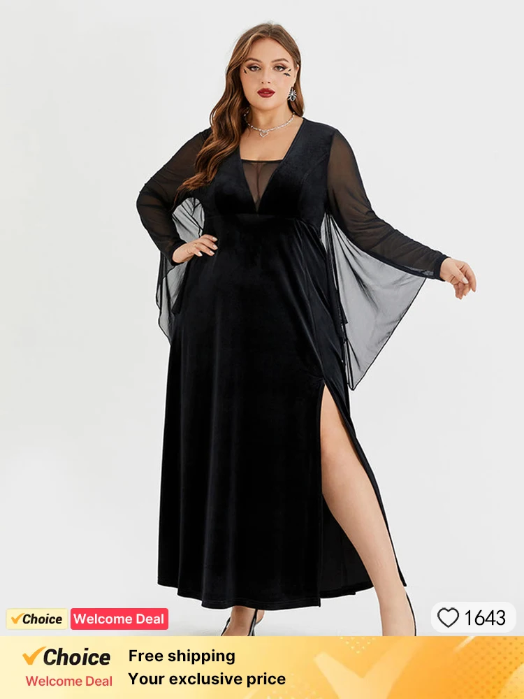 

Plus Sized Clothing Gothic Vintage Dress Contrast Mesh Batwing Sleeve Velvet Split Maxi Dress Women Cosplay Party Outfits