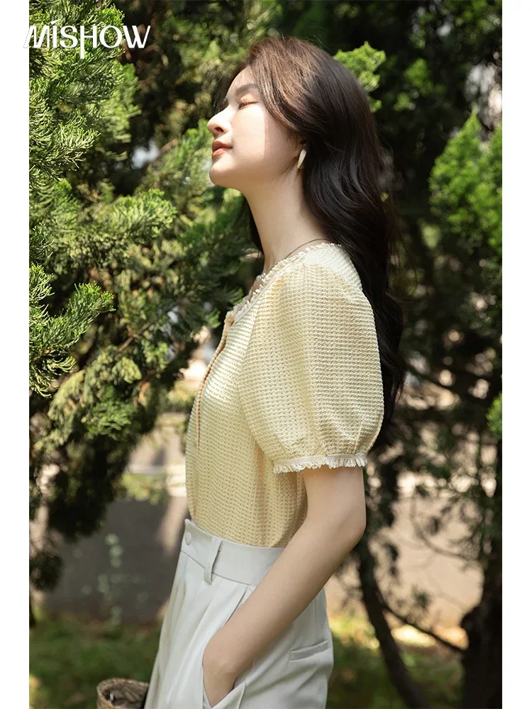 MISHOW 2023 Button Up Shirt for Women Summer Puff Short Sleeve Plaid Blouse O-neck Casual Chic Tops Female Clothing MXB25X0185