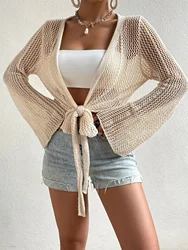 Vintage Hollow Cardigan Women's Summer Sun Protection Lace Up Knitted Cover Ups Top Women Y2K Korean Casual Fashion Streetwear