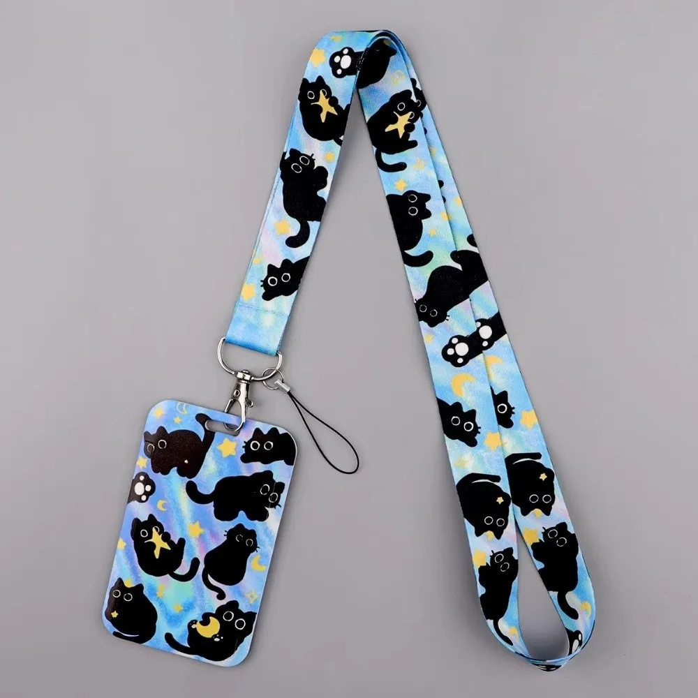 

Black Cat Credential Holder Lanyards DIY Hang Rope Adjustable Length Keys Neck Strap Retractable Lightweight ID Card Neck Strap