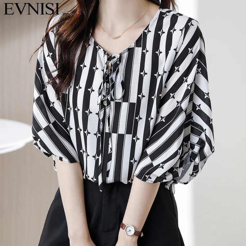 

Женская винтажная шифоновая блузка EVNISI с V-образным вырезом, шикарная офисная блузка в полоску, топы для женщин, свободная блузка