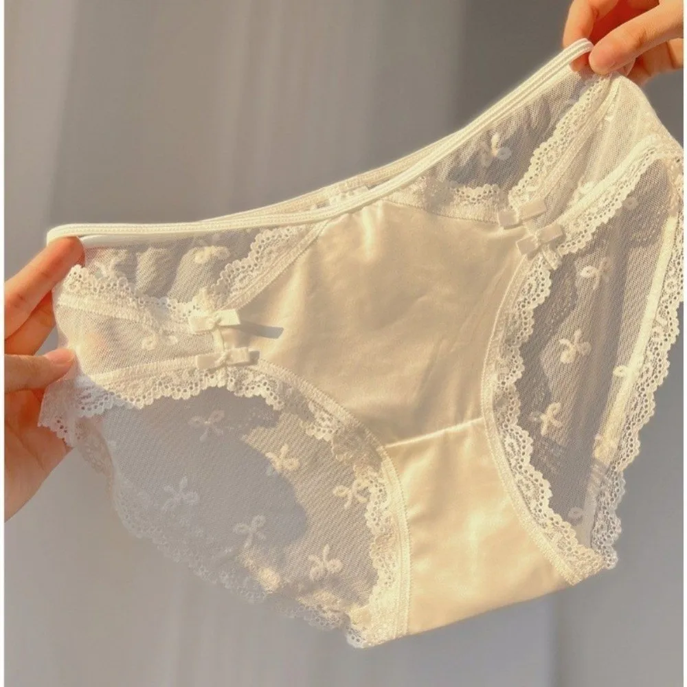 Sweet Cotton Crotch Lace Seamless Panties Transparent Bow Underwear for Women Franch Style Satin Silk Briefs Lady