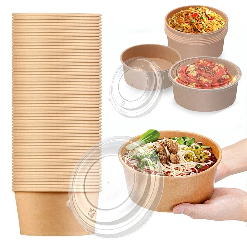 15pcs Kraft Paper Bowls Cups Fruit Salad Bowl Kraft Containers Salad Food Prep Kraft Box Cream Ice Snack Storage 500ml 750ml