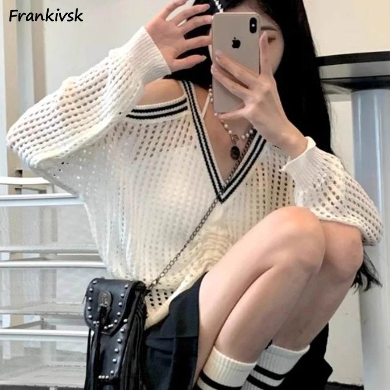 

Pullovers Women Drawstring Shirring Hole Off-shoulder Summer Hollow Out Bright Line Design Korean Fashion Loose Preppy N-neck