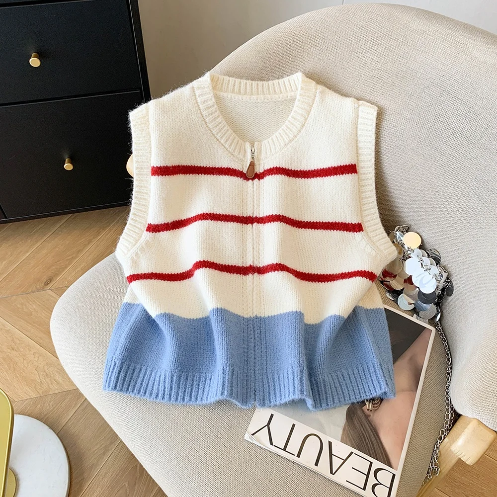 

Faionable Zipper round Ne Knitted Wool Vest Women's Loose Outerwear Pure Color Sweater Vest Autumn Winter Polyester Fiber
