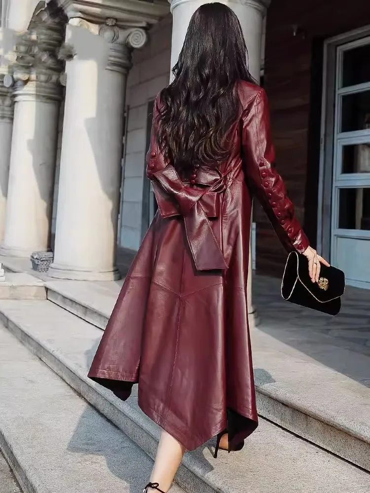 Manteau Long en cuir véritable pour femme, coupe-vent asymétrique, coupe cintrée, élégant, pardessus en peau de mouton véritable, automne et hiver