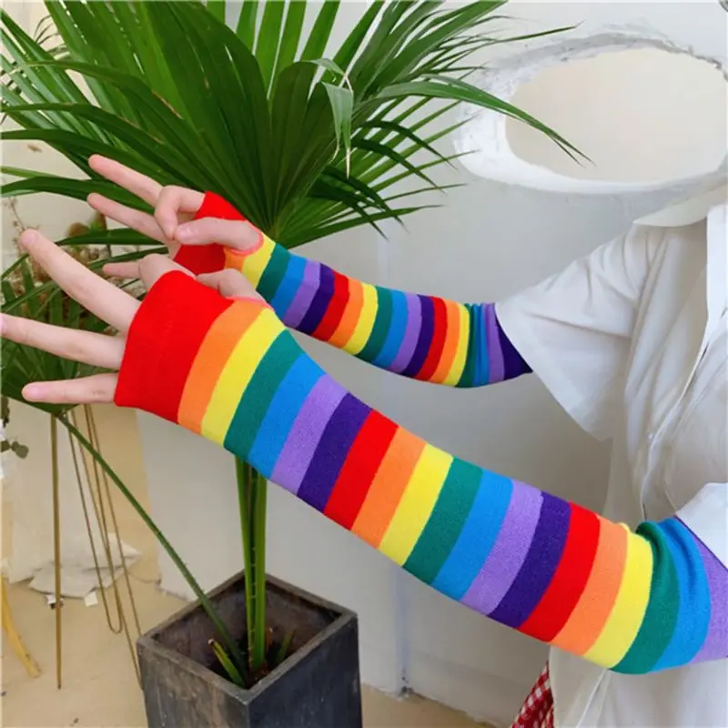 Rainbow Colorful Striped Knitted Arm Warmer with Thumb Hole Halloween Costume Fingerless Long Gloves for Women Girls Dropship