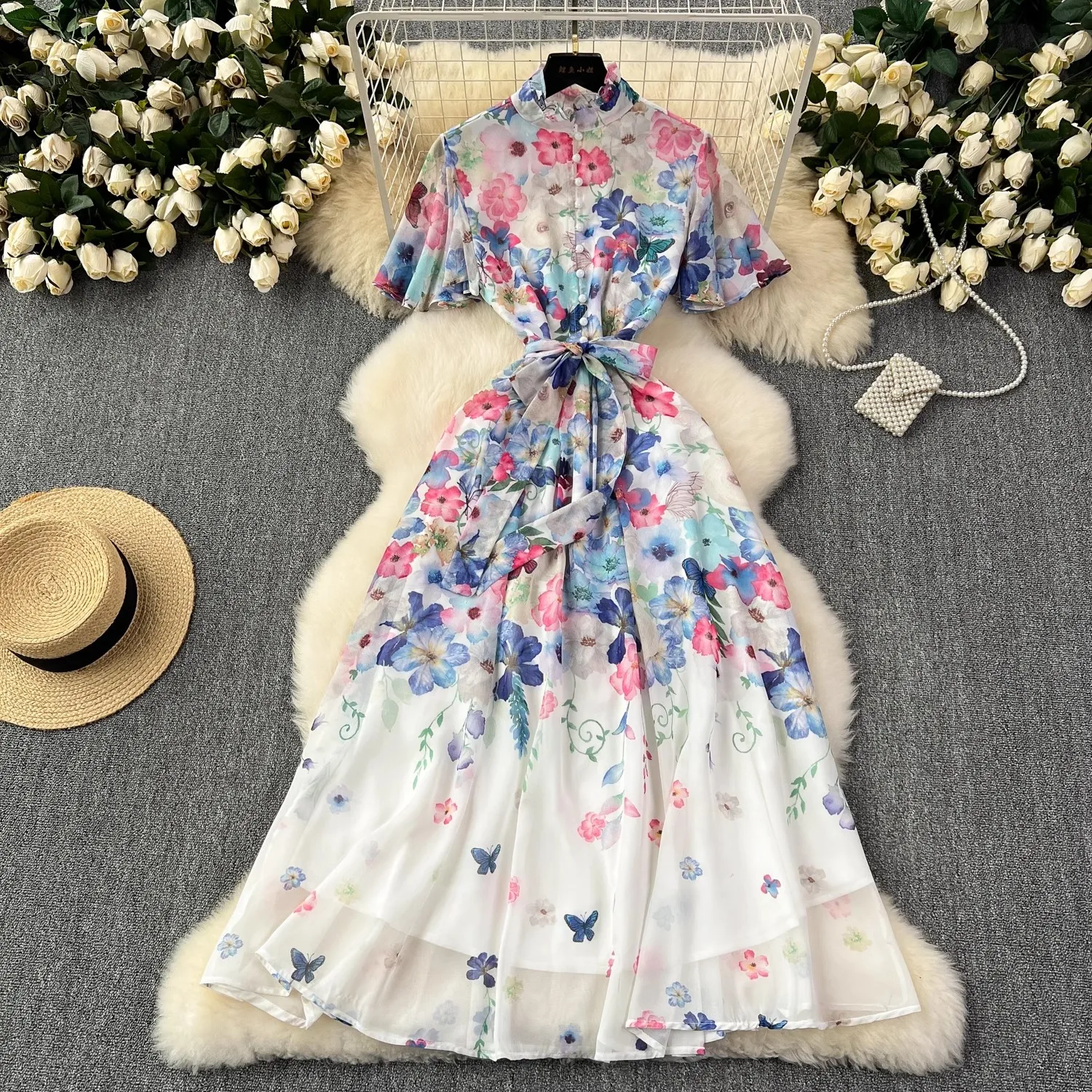 

Summer Fashion Bohemian Flower Robe Dress Women's Short Sleeve Single Breasted Flower Print Belt Chiffon Party Vestidos 2502