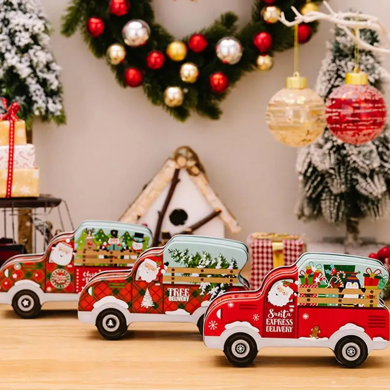 Caixa de doces do Tinplate do Natal Forma do caminhão Recipiente de cookies com tampa Adereços de férias de inverno Doces Titular Ano Novo Presente Acessório