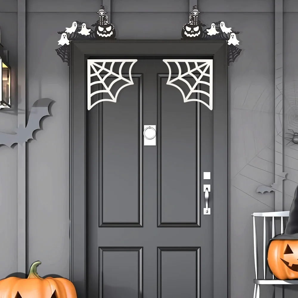 1pair Funny Party Decoration Halloween Door Frame Bats Pumpkins Wooden Door Corner Sign Spider Webs Door Frame Decoration Door