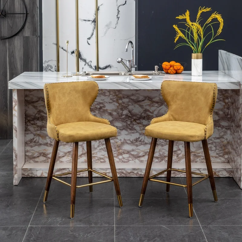 

Mid-Century Modern Yellow Faux Leather Tufted Counter Stool Set of 2 with Nailhead Trim