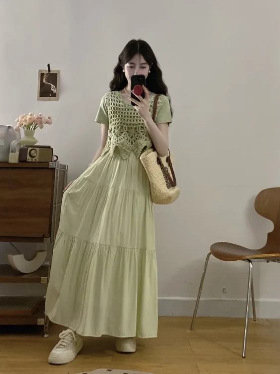 

Женская вязаная вручную жилетка-накидка больших размеров в мягком стиле, летнее новое платье с коротким рукавом, модная длинная юбка с завышенной талией