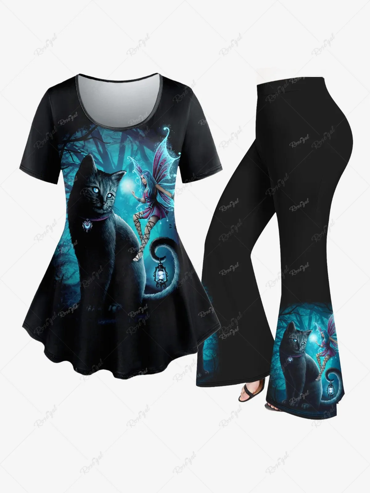 Plus Size Printed Halloween T-shirt Or Flare Pants Women\'s Casual Cat Butterfly Angel Tree Moon Glitter Tee Or Wide-leg Pants