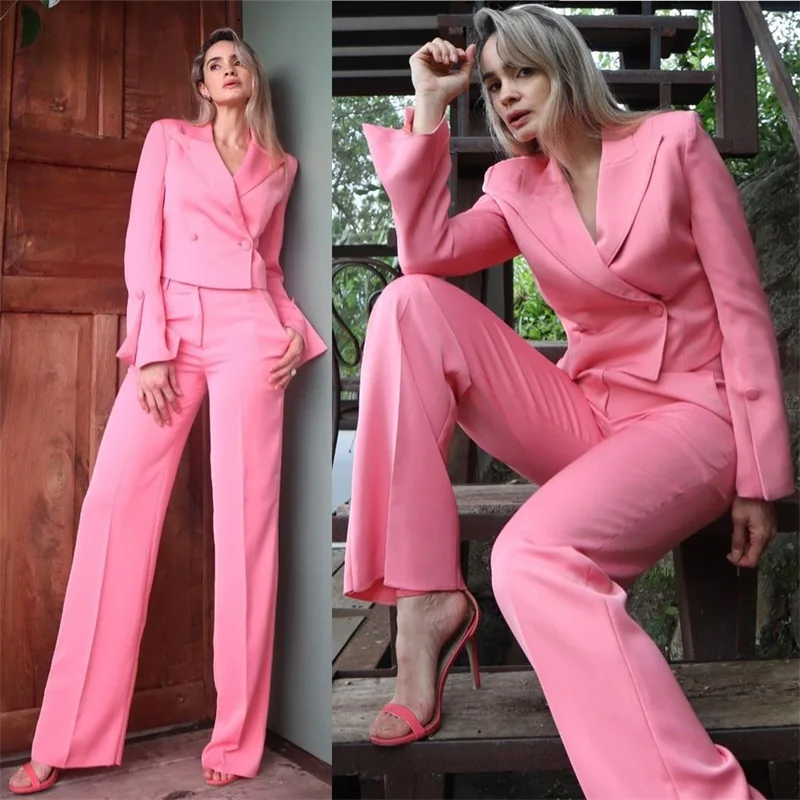 Spring Pink 2 Pcs Women Suit Set Blazer+Pants Shortened Jacket Wedding Tuxedo Formal Office Lady Coat Tailored Made Prom Dress