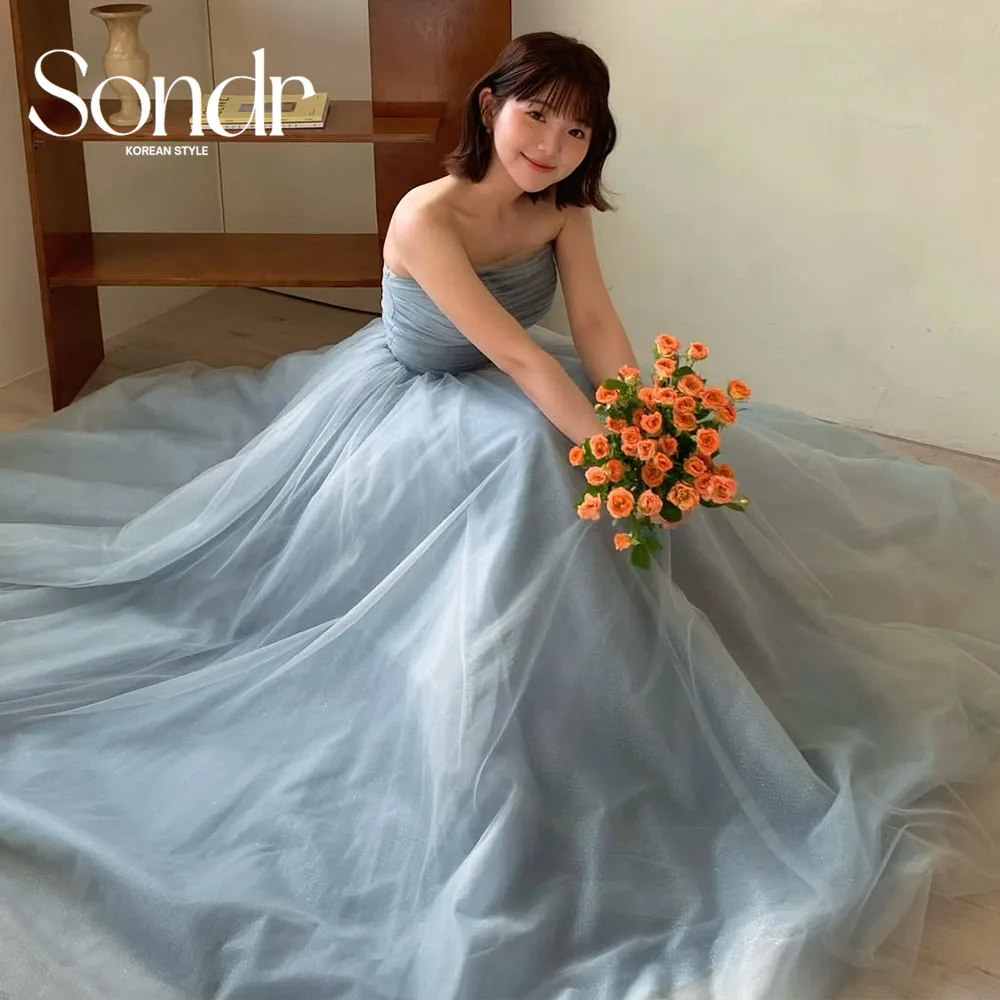 

Sondr Korean Wedding Dresses Sky Blue Strapless Soft Tulle A Line Luxury Women Party Gown Customized Photo Shoot Gown 2026
