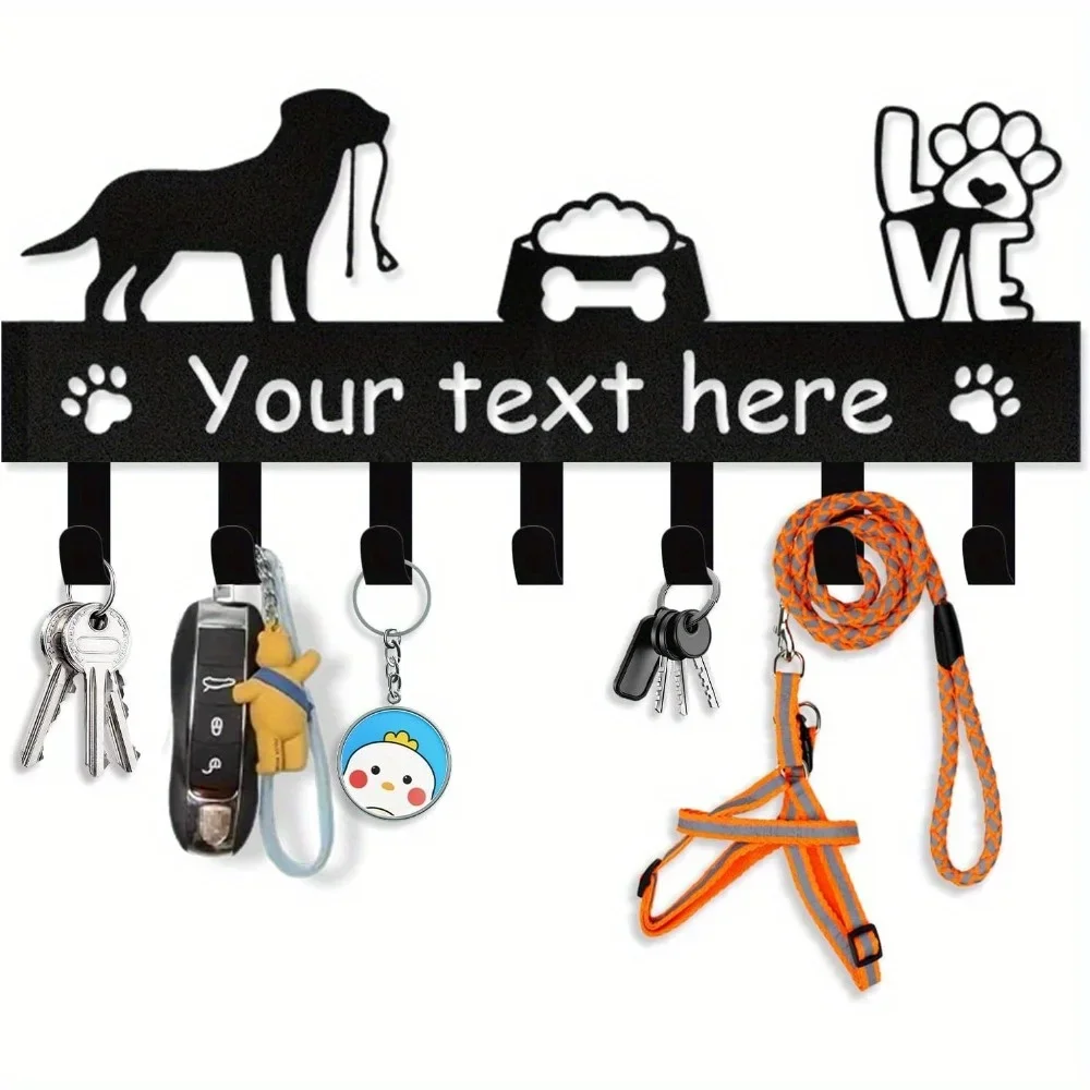 Custom Name Personalized Dog Leash Holder Wall Key Rack with Metal Hooks Storage Organizer Decorative Gift for Dog Lovers