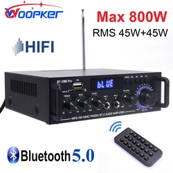 Woopker Power Amplifier BT-298 Pro 2.0 Channel Stereo Bluetooth AMP with Remote Max 800W for Home Theater Speakers Subwoofer