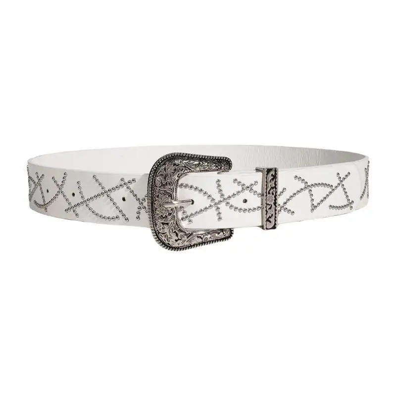 

652F Fashion Carved Buckle Belt for Adult Women Western Waistband Rivet Studded Belt Vintage Buckle Waiststrap for Dresses