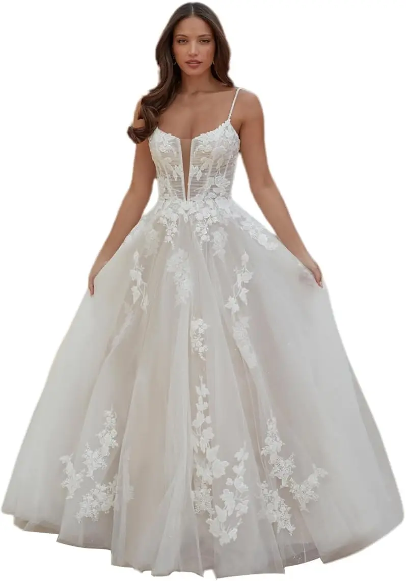 فستان الزفاف الدانتيل صائق فستان الزفاف السباغيتي حزام ألف خط عارية الذراعين ضيق الخامس الرقبة الجوف خارج فستان الزفاف الأنيق والرائع