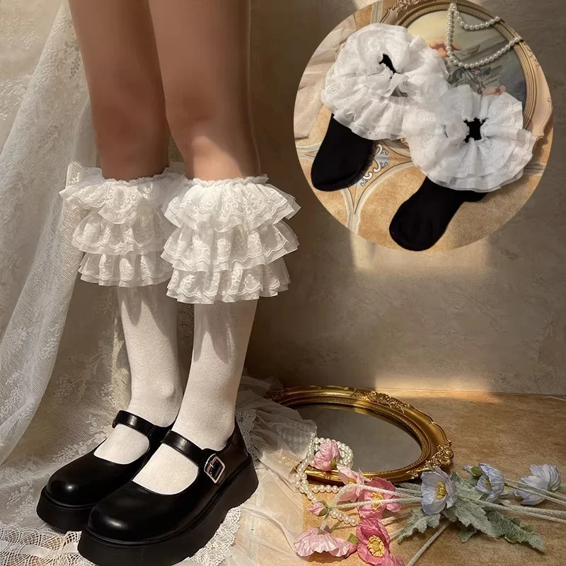 

Новые японские носки в стиле Харадзюку с кружевом, двухслойные, пушистые, в стиле Лолита, из мягкого хлопка, до колена, для школьниц, милые, ворсистые