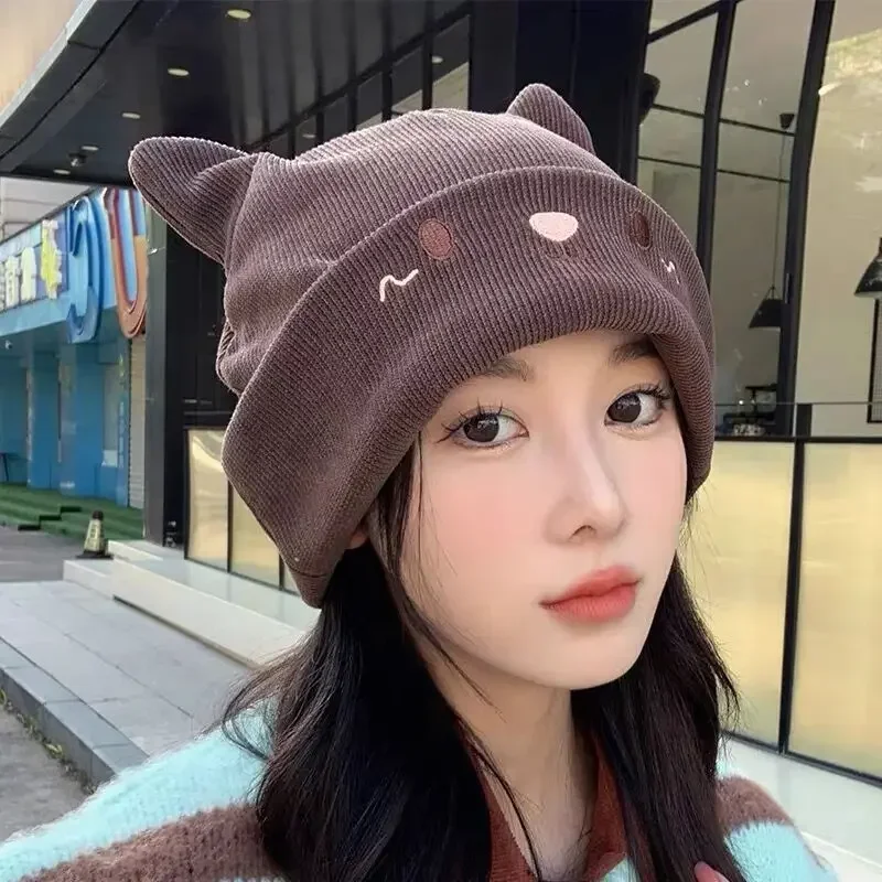 Winter Warm Cat Ears Hats Women Cute Korean Cartoon Knitted Cap Female Outdoor Windproof Version Pullover Ear Protection Beanies