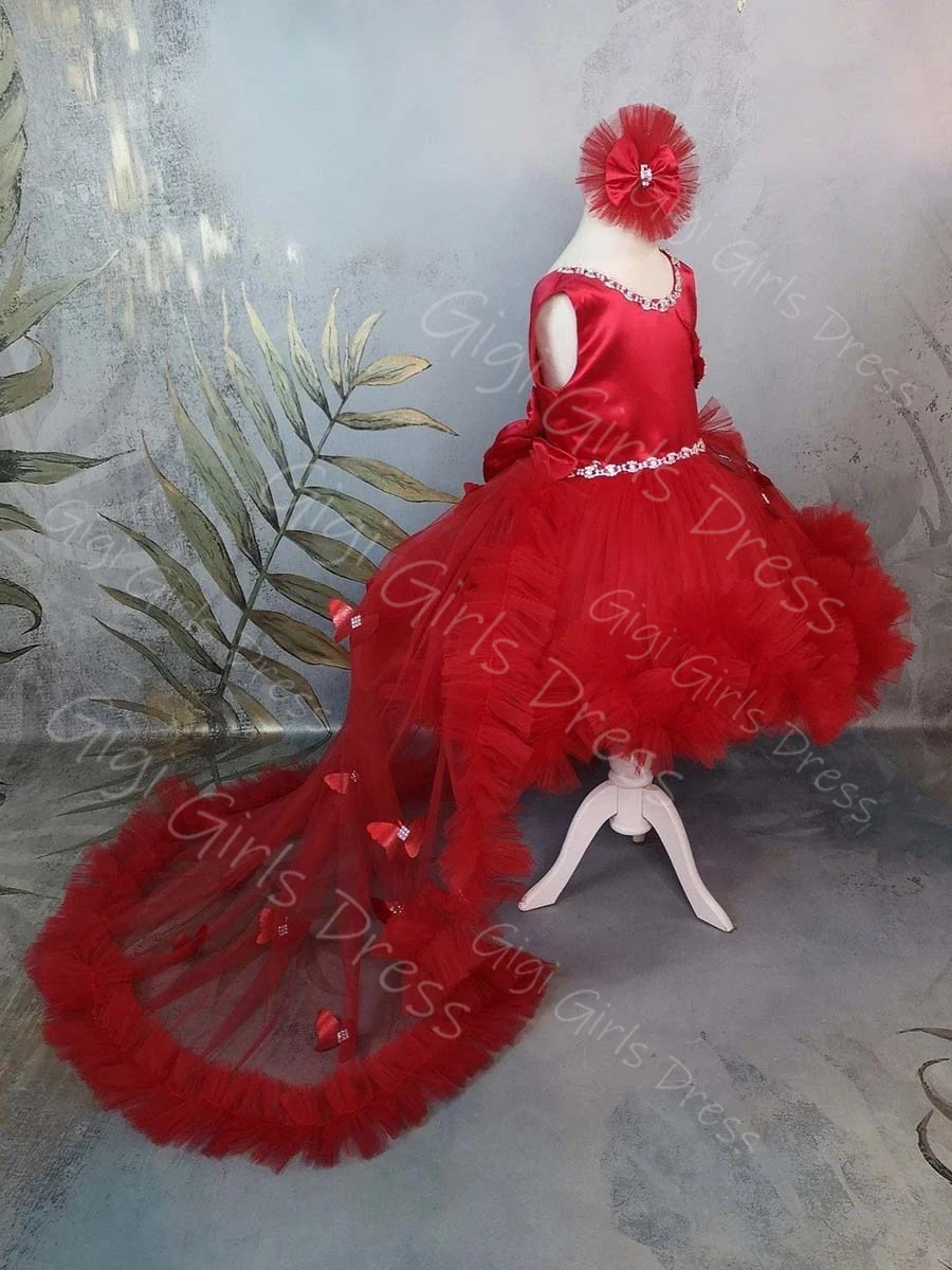 Red Satin Tulle Flower Girl Dress with Rhinestones/ Bow 3D Butterfly Train Birthday Dress 2-14 Kids Custom Wedding Party Gown