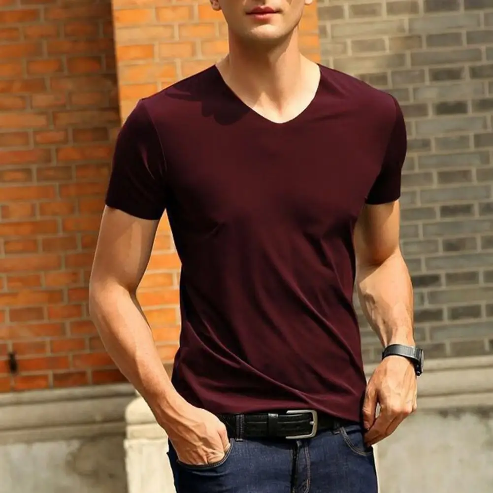 Men Brand Quality Cotton Short Sleeve Tshirt V Neck Fashion Slim Fit soild Tshirts Male Tops Tees