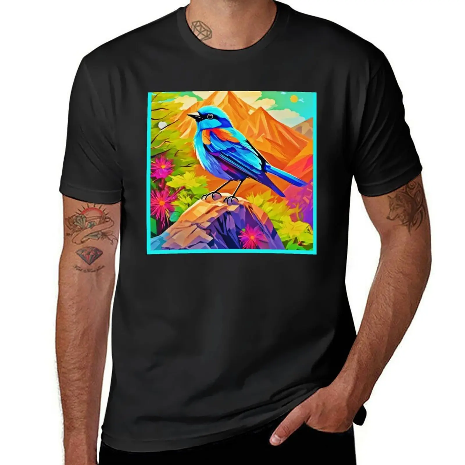 Sunny Summit: Colorful Avian Artwork T-Shirt oversizeds customizeds sports fans men clothing