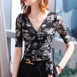 Stretch Mesh Short-sleeved T-shirt Bottoming Shirt Women's  Summer New Western Style Floral Sexy Cross Straps V-neck Wrap Top