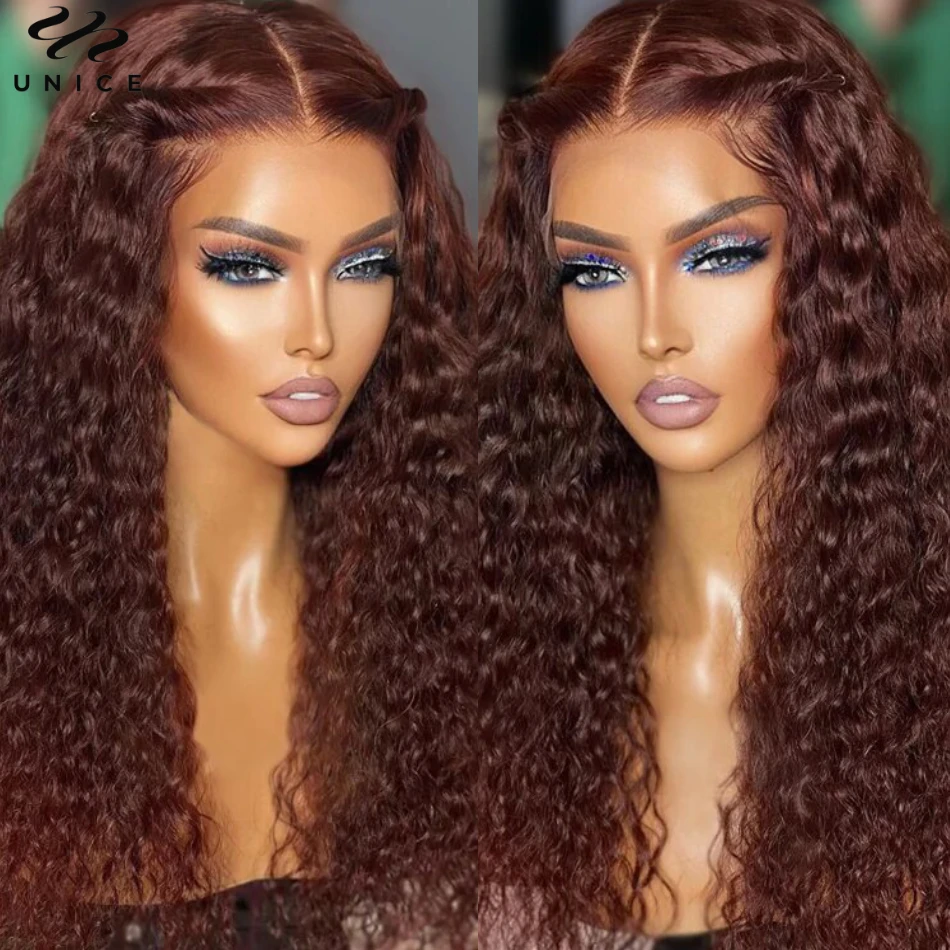 UNice Hair Reddish Brown Water Wave Wig 7x5 13x4 Human Hair Lace Frontal Wig Pre Cut Pre Bleached Glueless Wig Ready To Wear Go