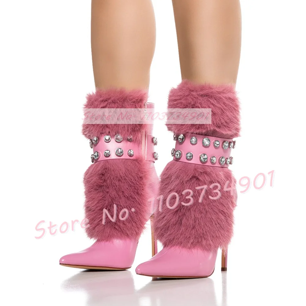 

Gems Belt Wrap Fur Mid Calf Boots Women Fashion Pointy Toe Side Zipper Shoes Ladies Nifty Punk Solid Boots