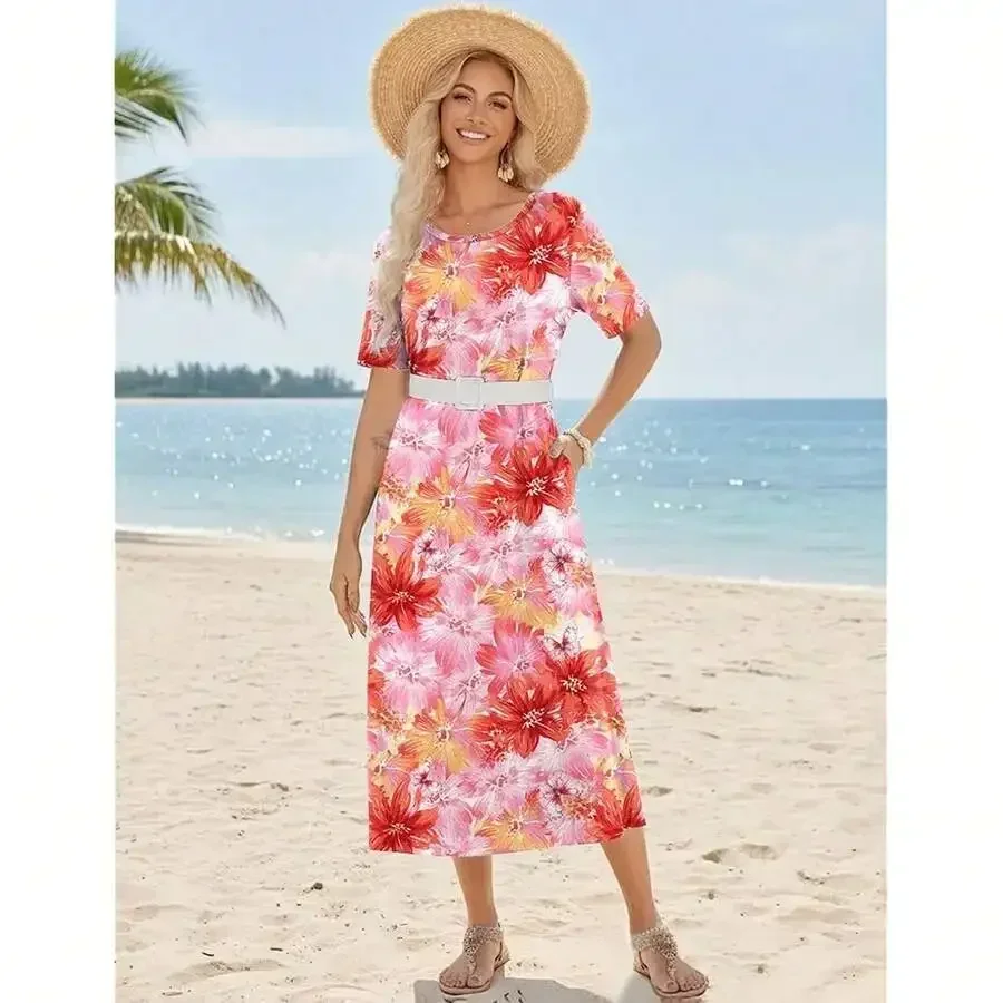 

Womens Belted Floral Print Short Sleeve Maxi Dress With Side Split For Beach Summer Vacation Wear