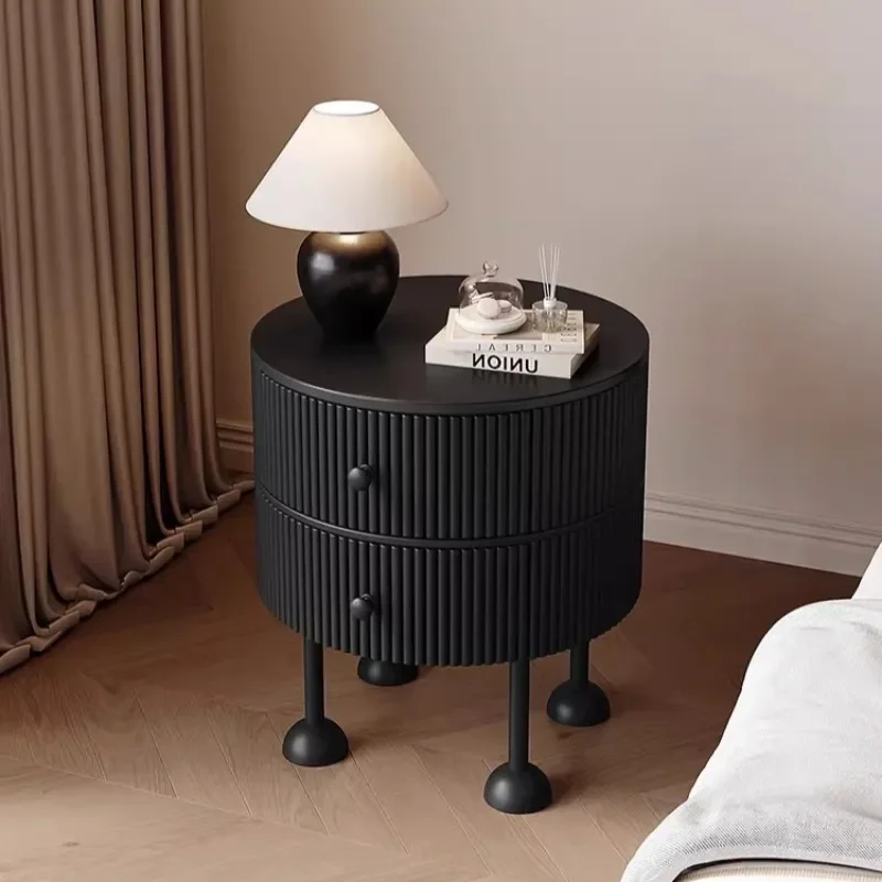 Vintage Round Nightstand with 2 Drawers, Fluted Panel Design & Ball Foot Legs, Modern Bedside Table for Bedroom