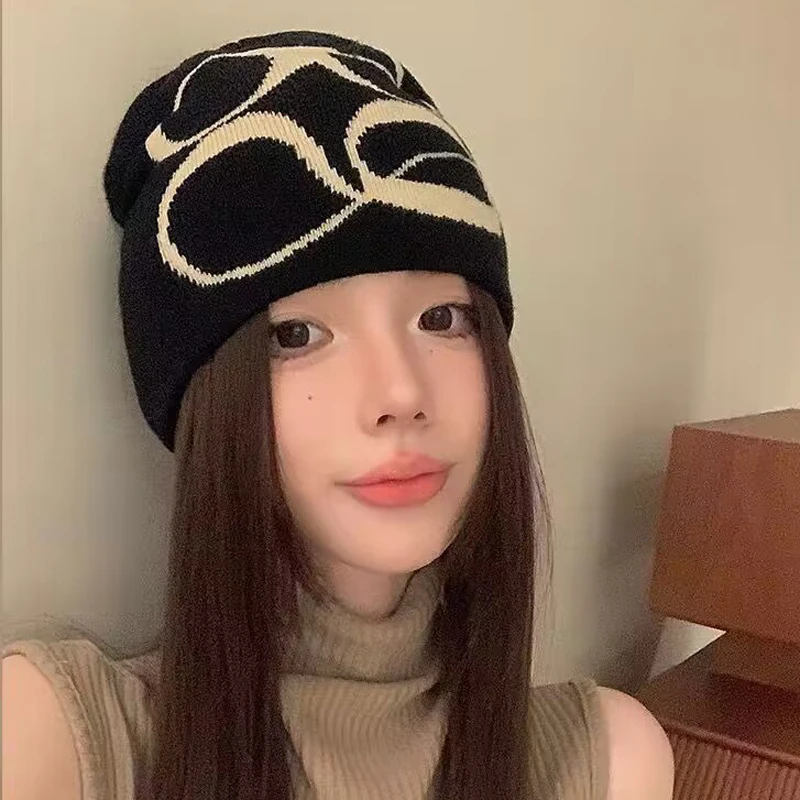 Retro Glasses Cross Knitted Hat Autumn and Winter Warm Printing Female Street Personality Couple Pullover Hat Trend