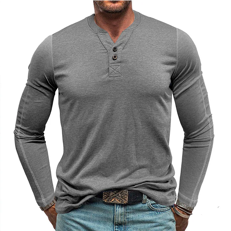 

Men's T-shirt 2025 Crew Neck Long Sleeve Henley Shirt Cotton Blend Material with Buttons Daily Basic T Shirt