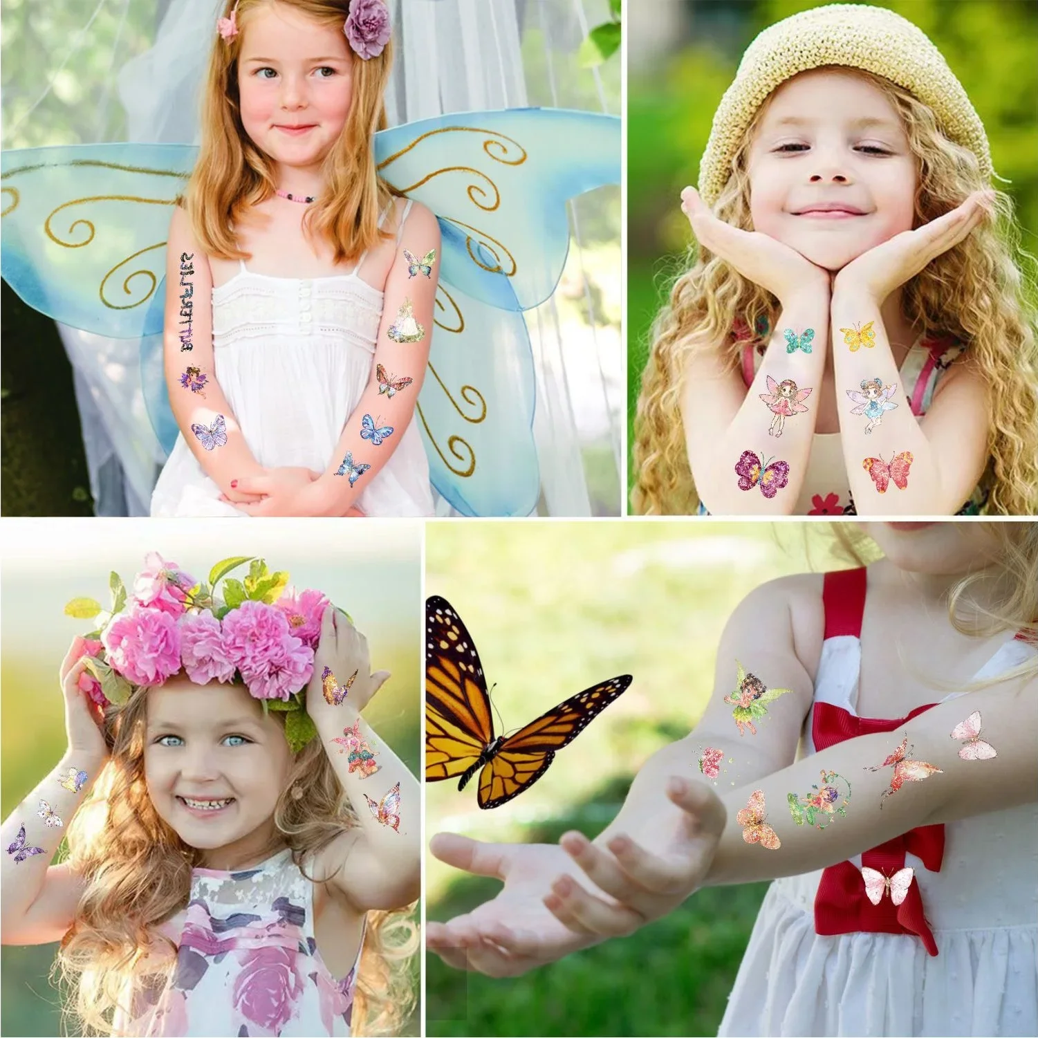 20pcs/set Glitter Tattoo Kids Kawaii Butterfly Cartoon Fairy Animals Series for Children Fake Tattoo Sticker for Hand Ankle Feet