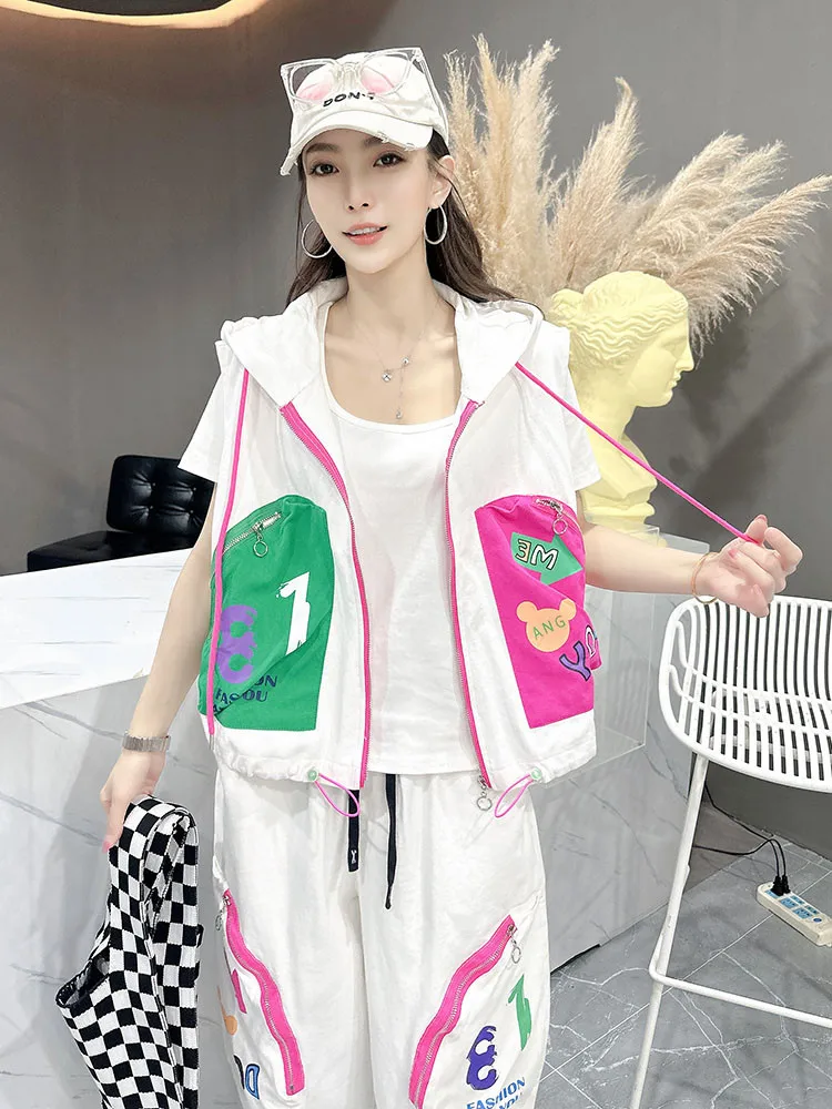 

White Casual Denim Vest And Harlan Pants Two-Piece Set High-End Personali Youthful Faionable Zipper Closure Cotton Blend