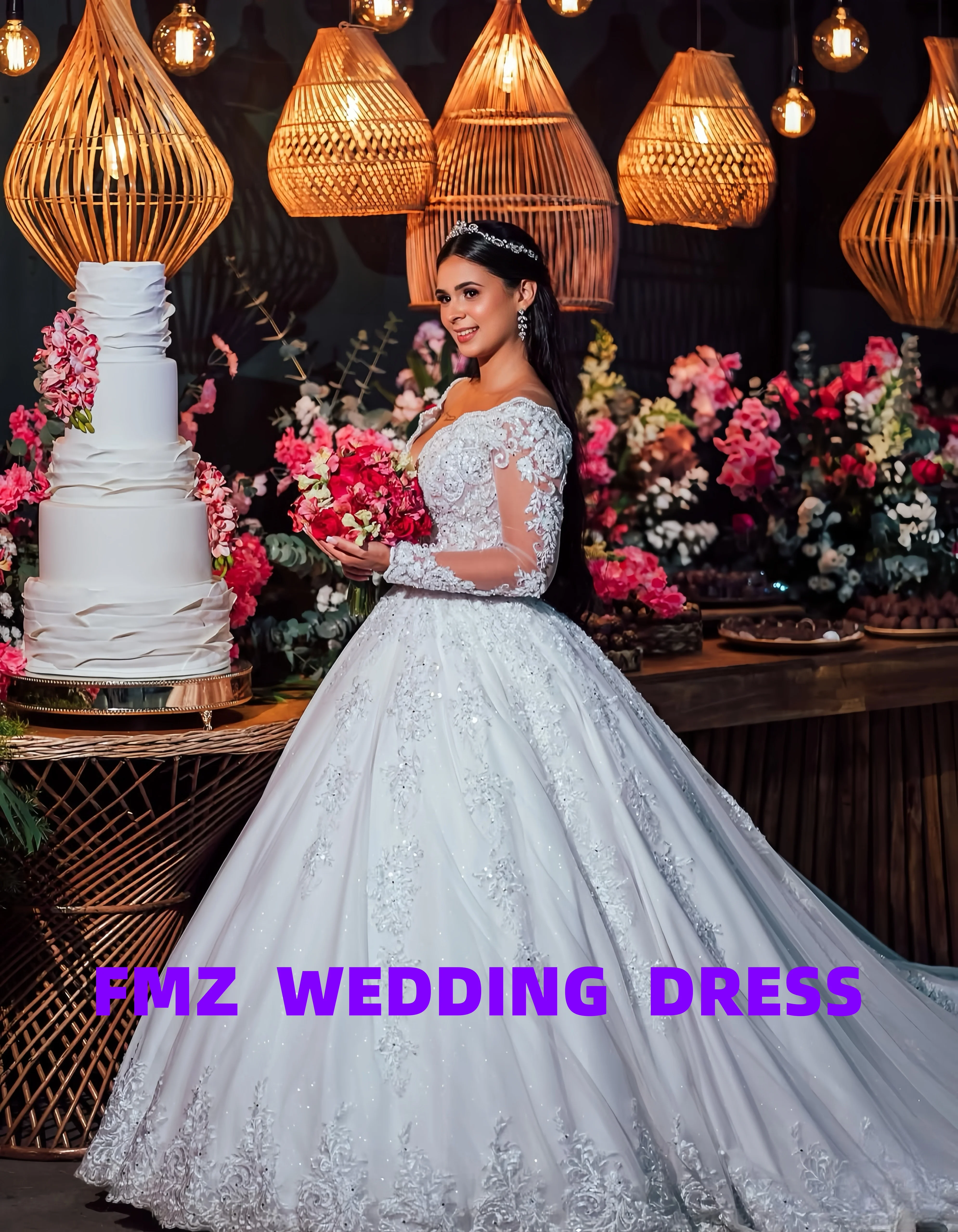 Vestido de baile de manga larga con cuello en V personalizado, vestidos elegantes de novia, vestidos para mujer, bata de mariee