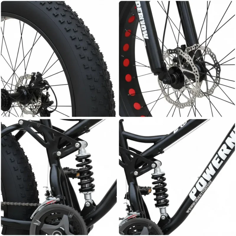 Bicicleta de montanha adulta com absorção de choque, pneus grandes ultra-largos 4.0, preto para meninos e meninas, tamanho da roda de 24 polegadas