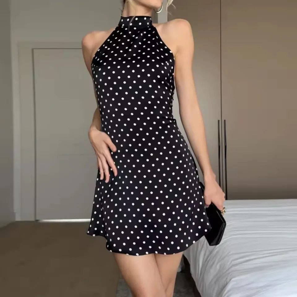Sexy Neckholder-Kleid mit Polka-Dot-Print für Damen, elegantes Partykleid, schmal geschnitten, rückenfrei, ärmellos, Minikleid, Sommer-Urlaubsoutfits – Detail 10