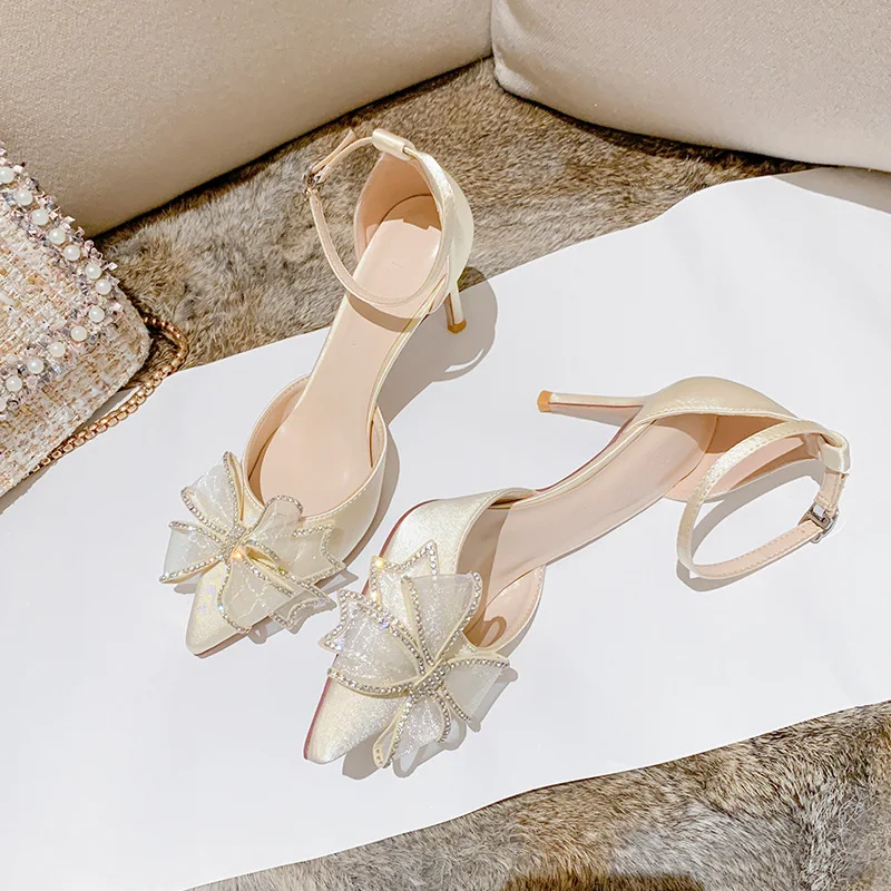 Crystal Wedding Shoes Bride Wedding Dress Two Wears  New Bow High Heels Women's Summer Slim Heels White Pointed Sandals  Women