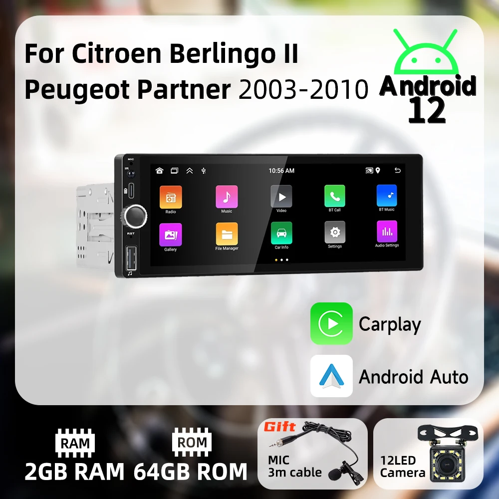 

Carplay 1Din Radio Android for Citroen Berlingo II Peugeot Partner 2003-2010 6.86" Screen Car Multimedia Head Unit Autoradio GPS