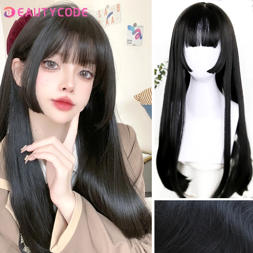 

Cosplay Long Straight Black Synthetic Wigs with Bangs for Women African American Lolita Daily Party Heat Resistant Fibre